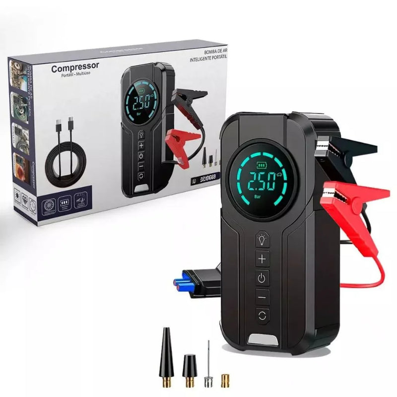 Texto alternativo:
"Compressor de ar portátil automotivo elétrico sendo usado para calibrar pneus de carro, com calibrador digital integrado, compacto e fácil de transportar para uso em emergências.