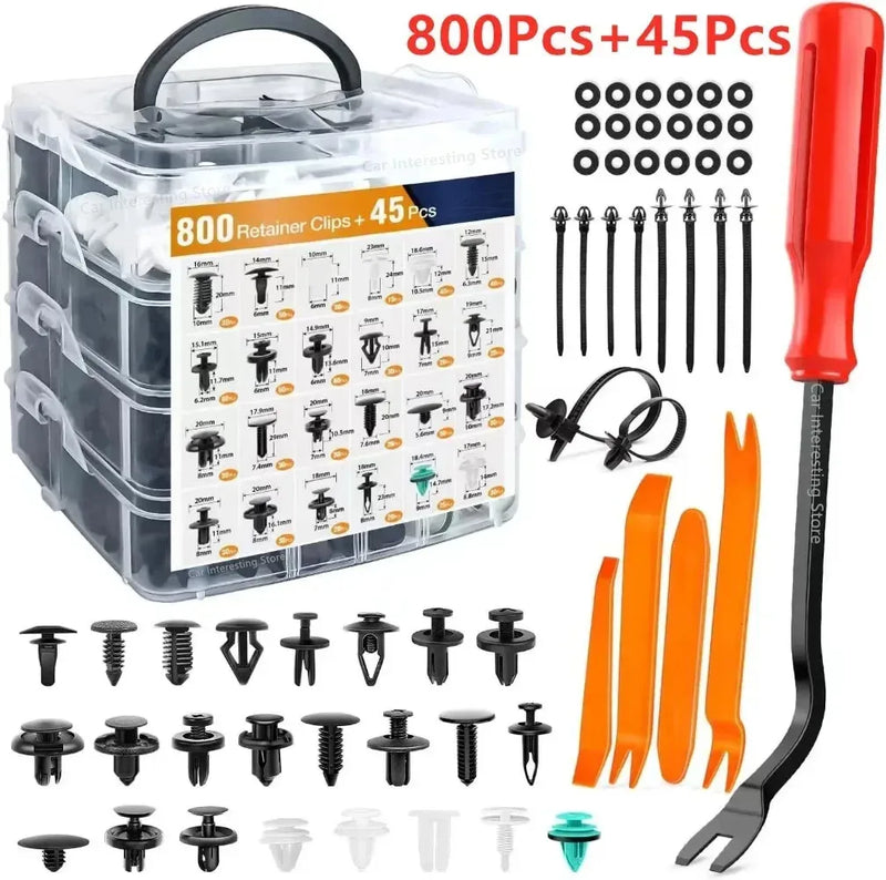 kit grampos automotivos universais com diversas peças para fixação de painéis e acabamentos de carro