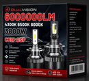 Par de lâmpadas LED Canbus UltraVision CSP 360° para farol automotivo, disponíveis nas cores 4300K branco amarelado, 6500K super branco e 8000K branco azul, compatíveis com H1, H4, H7, H8, H9, H11, 9005 e 9006.