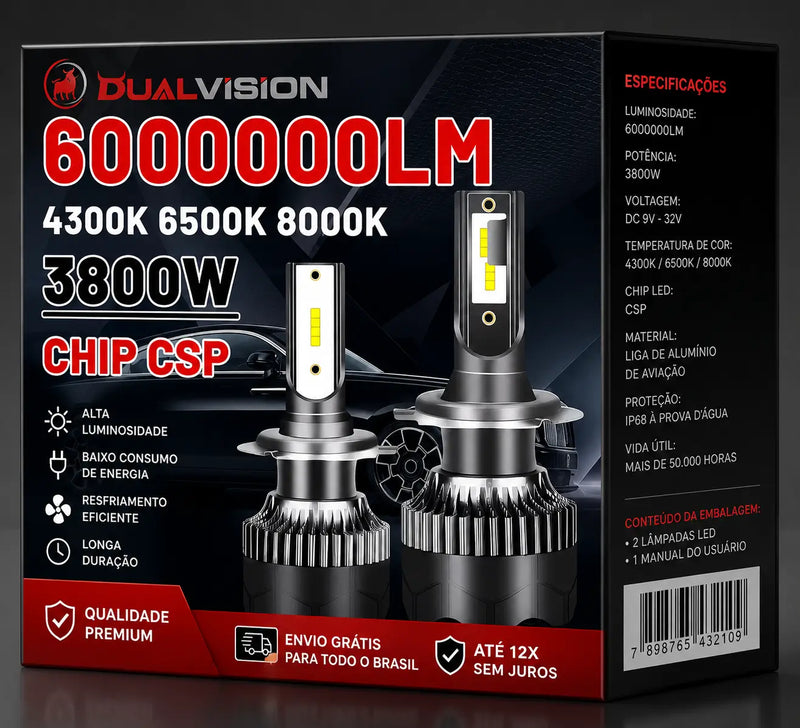 Par de lâmpadas LED Canbus UltraVision CSP 360° para farol automotivo, disponíveis nas cores 4300K branco amarelado, 6500K super branco e 8000K branco azul, compatíveis com H1, H4, H7, H8, H9, H11, 9005 e 9006.
