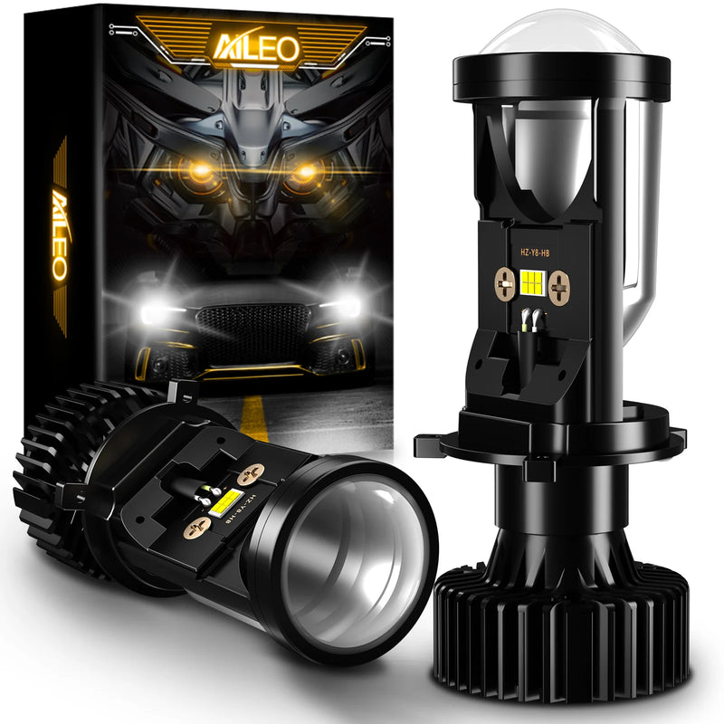 lampada led h4 com mini projetor instalada em farol automotivo com luz branca 6500k alto e baixo