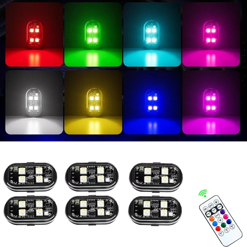 luz LED strobo sem fio RGB instalada em carro com múltiplas cores e efeito iluminação decorativa