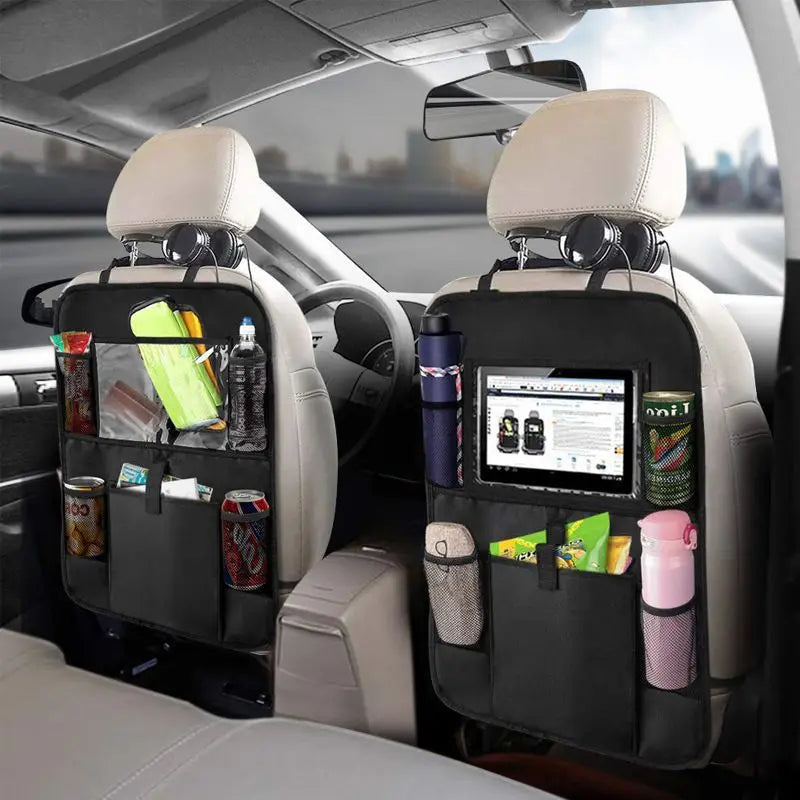 organizador de banco traseiro com suporte para tablet instalado no carro com compartimentos para objetos