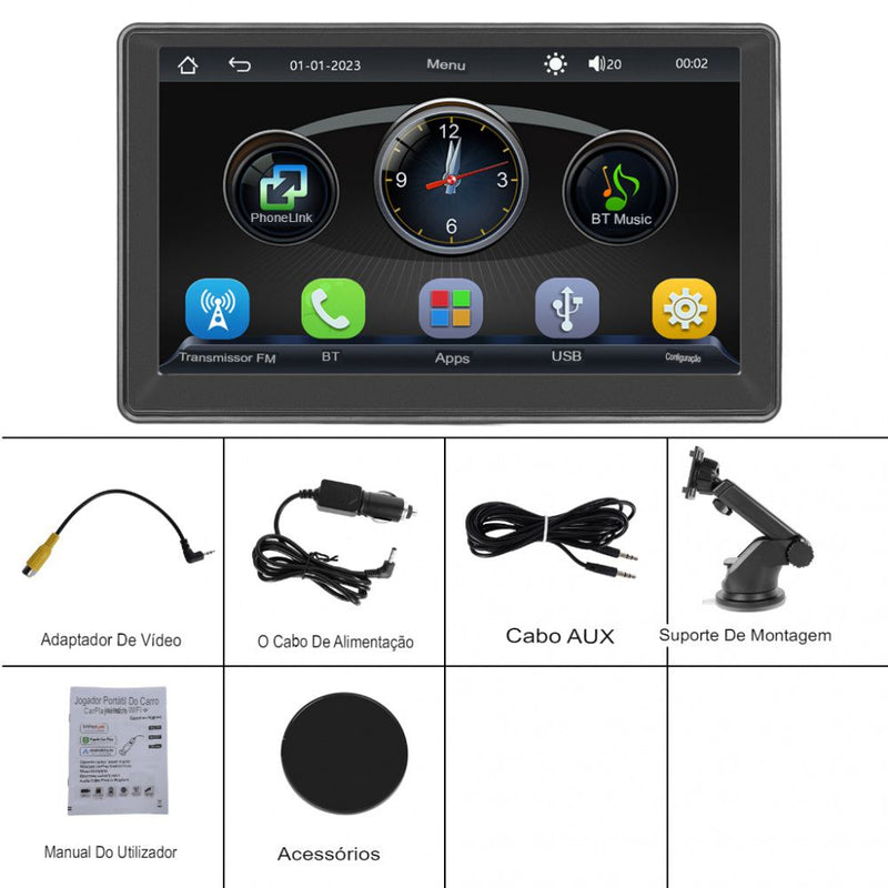Multimídia Universal com Tela Sensível Ao Toque, Sem Fio, Leitor Portátil Inteligente, Android e Apple CarPlay